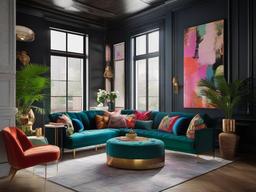 In the loft, maximalist interior design incorporates bold furniture choices, dynamic colors, and eclectic decor that create a lively and personalized living area.  