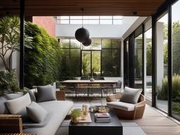 The outdoor patio embraces Bauhaus interior design with contemporary furniture, a geometric layout, and integrated greenery that creates a sophisticated space for relaxation and gatherings.  