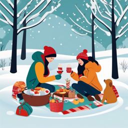 Winter Picnic Fun clipart - Friends having a snowy picnic, ,vector color clipart,minimal