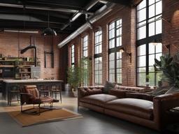 Industrial loft with exposed brick walls and metal accents.  