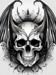 Skull and Bat Wings Tattoo-Mystical and dark tattoo featuring a combination of a skull and bat wings in a captivating design.  simple color tattoo,white background