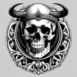 A skull memento mori tattoo, horned skull with halo, broken skull