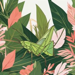 Katydid Clip Art - A katydid hiding in foliage,  color vector clipart, minimal style