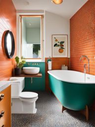mid-century modern bathroom with retro fixtures and vibrant tiles. 