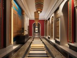 The hallway showcases Egyptian Revival interior design through bold colors, decorative columns, and intricate wall art, creating a visually striking passage that pays homage to history.  