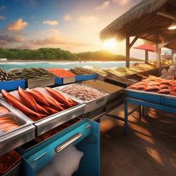 Beachside fish market and seafood close shot perspective view, photo realistic background, hyper detail, high resolution