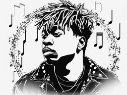 drawing of Juice Wrld surrounded by musical notes  minimal rough sketch scribbles,doodles,black and white