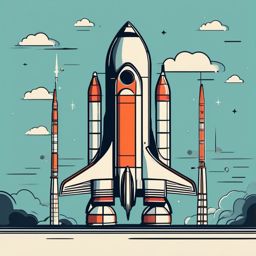 Rocketship Clipart - A rocketship on the launchpad.  color clipart, minimalist, vector art, 