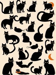 Clip Art Black Cats,Illustrating a Halloween-themed craft project with clip art black cats  simple, 2d flat