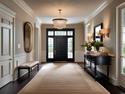 Georgian entryway showcases classic furniture, elegant finishes, and soft lighting that provide a cozy yet sophisticated environment for welcoming guests.  