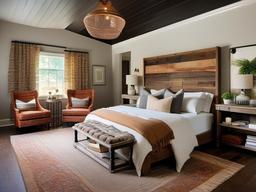 Rustic master bedroom highlights a reclaimed wood bed, vintage accents, and warm colors that evoke a cozy and charming retreat.  