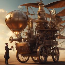 curious steampunk tinkerer inventing a fantastical flying contraption. 