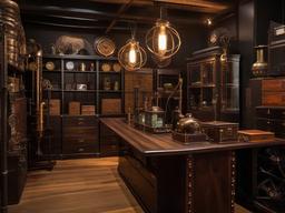 The storage room showcases steampunk interior design with organized shelving, vintage accents, and unique decor that maximize efficiency while adding a creative character to the space.  