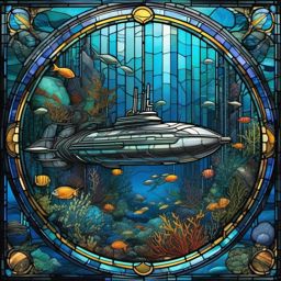 Biomechanical ocean exploration with futuristic submarines and UHD marine ecosystems  in stained glass style.