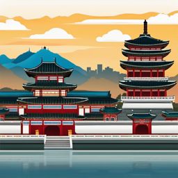 Seoul clipart - Gyeongbokgung Palace and Seoul skyline, ,color clipart vector style