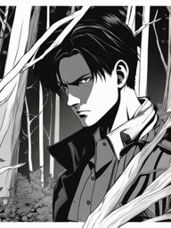 levi ackerman maneuvers gracefully through a dense forest while taking down titans. 