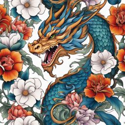 Flower dragon tattoo, Tattoos featuring the beauty of dragons intertwined with flowers.  color, tattoo style pattern, clean white background