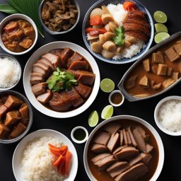 filipino fiesta - a hearty spread of adobo, lechon, and sinigang, with plenty of rice. 