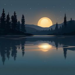 Moonlit lake sticker- Reflective and calm, , sticker vector art, minimalist design