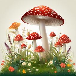 Mushroom clipart - mushroom growing among flowers  