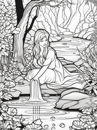 Fairy Sitting by a Stream Coloring Pages - Peaceful Fairy by a Bubbling Brook  minimal black outline printable sheet, coloring page