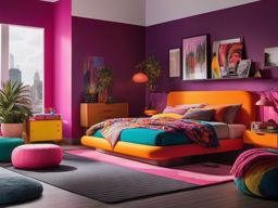 Retro 80s Revival Bedroom - Embrace the bold and colorful style of the 1980s in your bedroom. , bedroom interior decor design ideas, multicoloured, photo realistic, hyper detail, high resolution,