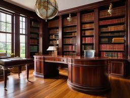 Georgian-style library with mahogany shelves and antique globes.  