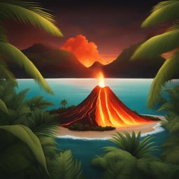 island volcano, an exotic island with an active volcano, lava flows, and tropical foliage. 