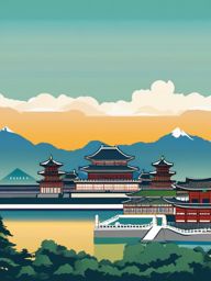 Seoul clipart - Gyeongbokgung Palace and Seoul skyline,  color vector clipart