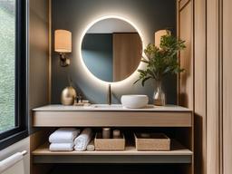 In the powder room, Japandi interior design includes elegant fixtures, natural finishes, and a calming color palette that transform a small space into a stylish and inviting experience.  