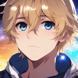 Front facing face, boy with blonde hair, big eyes in a celestial anime festival.  close shot of face, face front facing, profile picture pfp, anime style