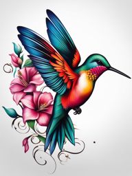 Hummingbird and flower tattoo, Creative tattoos that combine the grace of hummingbirds with the elegance of flowers.  vivid colors, white background, tattoo design
