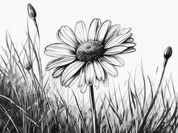 drawing of a single daisy in a meadow  minimal rough sketch scribbles,doodles,black and white