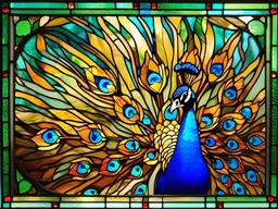 Stained Glass Peacock - Vibrant peacock with open tail feathers  