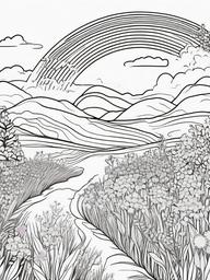 Rainbow Coloring Page - Rainbow amidst colorful wildflowers.  easy,simple,minimal,coloring pages,black and white outline