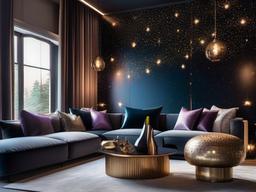 Cosmic chic interior design in the living room features starry wallpaper, modern furniture with metallic accents, and ambient lighting that creates an otherworldly atmosphere.  