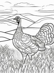 Turkey in a Field Coloring Pages - Turkey Walking Through a Sunny Meadow  minimal black outline printable sheet, coloring page