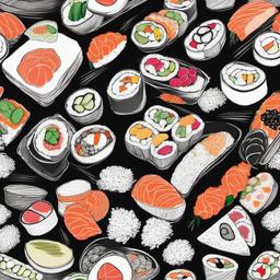 drawing of a colorful sushi platter  minimal rough sketch scribbles,doodles,black and white