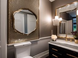 Glam Powder Room - Glamour to your powder room with metallic accents and a crystal chandelier. realistic, professional photography, bokeh, natural lighting, canon lens, shot on dslr 64 megapixels sharp focus