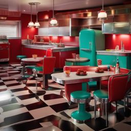 Retro Diner-Inspired Kitchen - Transform your kitchen into a retro diner-inspired space. , kitchen layout design ideas, multicoloured, photo realistic, hyper detail, high resolution,