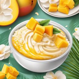 Mango Coconut Rice Pudding sticker- Creamy coconut milk rice pudding infused with mango puree, creating a tropical and comforting dessert. A taste of paradise in every spoonful., , color sticker vector art