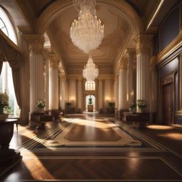 step into a grand neoclassical palace, with grand columns and opulent interiors. 