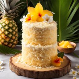 coconut pineapple cake with toasted coconut flakes, relished at a tropical luau. 