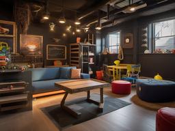 The playroom embodies Post-Apocalyptic interior design with rugged textures, unique decor, and a lively atmosphere, providing a fun and engaging space for children's activities.  