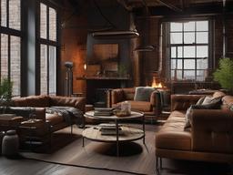 Post-Apocalyptic interior design in the living room features salvaged furniture, exposed pipes, and a mix of earthy tones that create a gritty yet inviting atmosphere.  