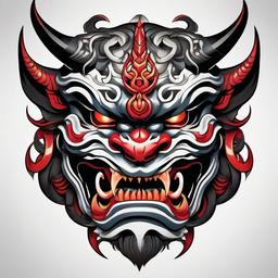 Neo Traditional Oni Mask - Tattoo featuring a contemporary interpretation of the fearsome Oni mask.  simple color tattoo,white background,minimal