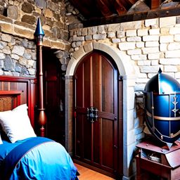 medieval castle bedroom with stone walls and suits of armor. 