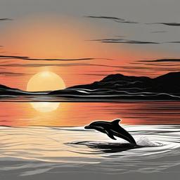 drawing of a dolphin in the sunset  minimal rough sketch scribbles,doodles,black and white