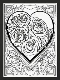 Heart and Rose Coloring Pages - Romantic Heart with Blooming Roses  minimal black outline printable sheet, coloring page