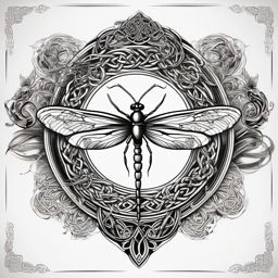 Celtic clover and dragonfly tattoo: Mythical elements entwined with good fortune.  black white tattoo, white background